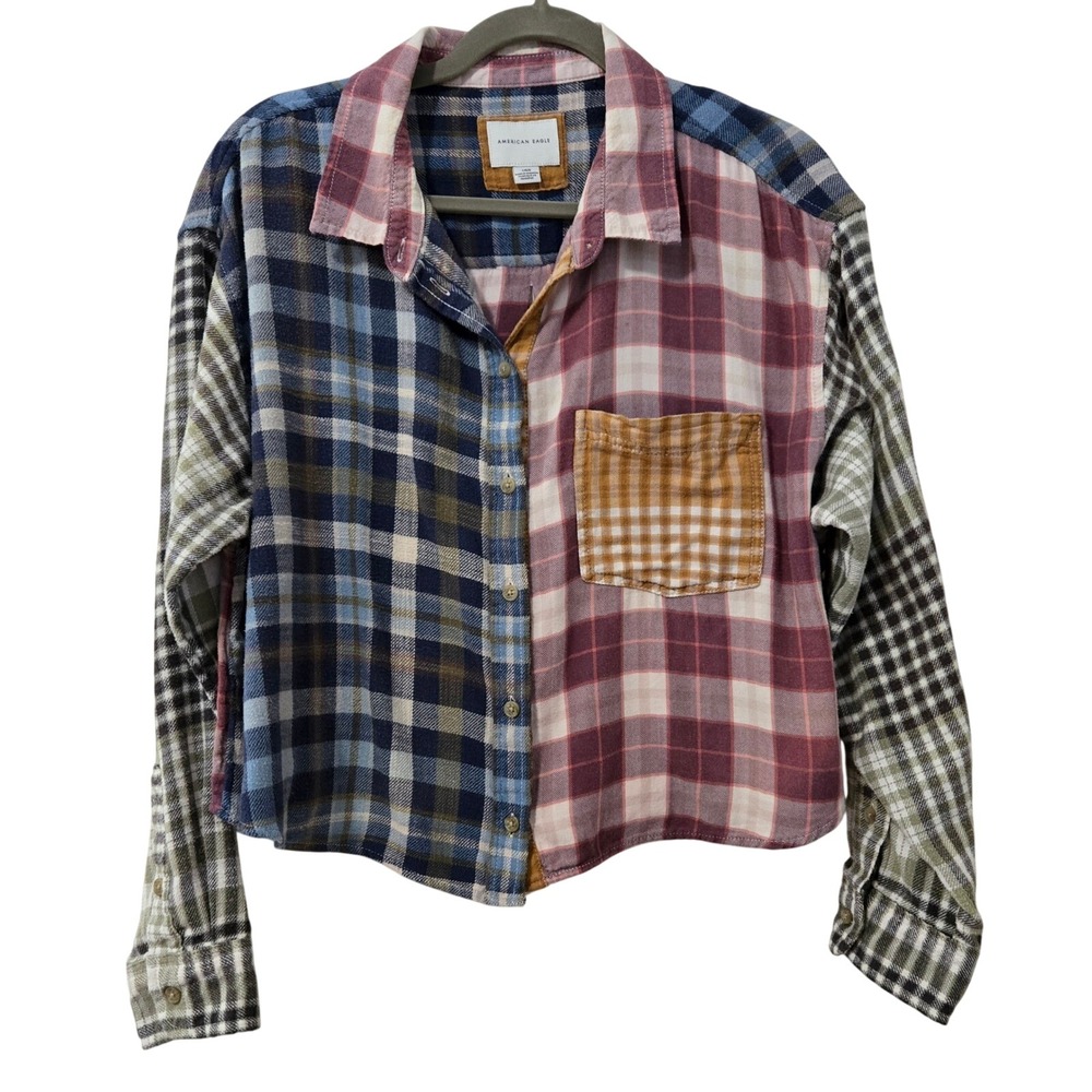 American Eagle Colorblock Plaid Flannel Shirt L Cropped Patchwork Button Down